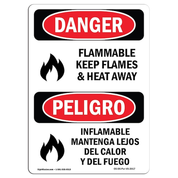 Safety Sign, OSHA, 5" Height, Flammable Keep Flames And Heat Away, Spanish, 10PK